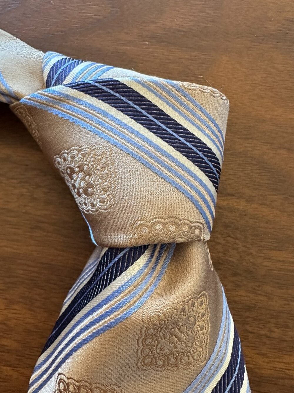 Canali Tan Blue Striped Medallion Silk Tie